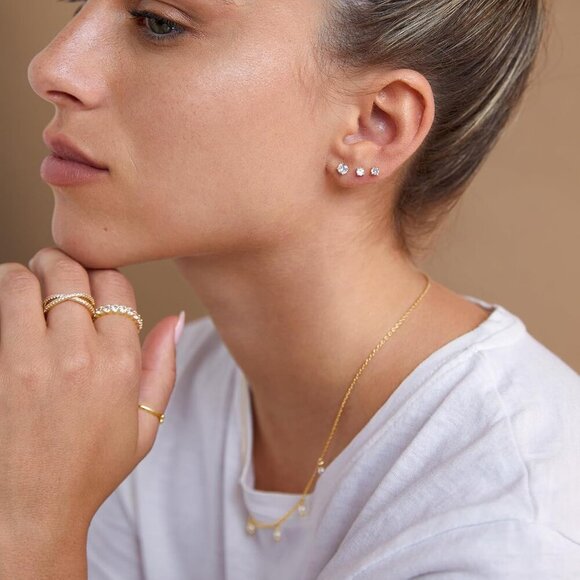 14K Rose Gold Stud Earrings Set, 3 Pairs, Cubic Zirconia, Small, Hypoallergenic - Picture 2 of 4